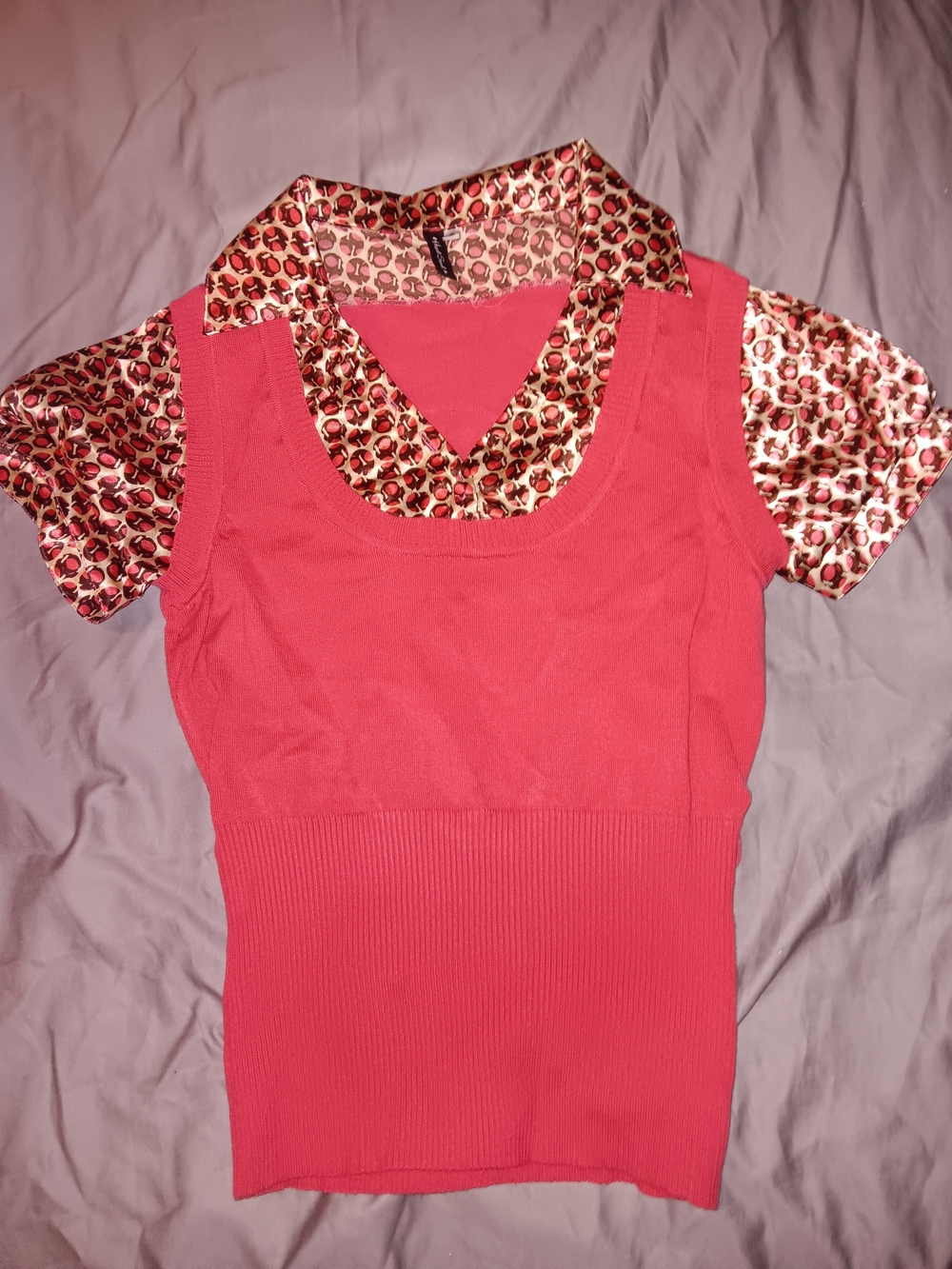 Heart Soul Pink Layered Knit Top with Leopard Collar